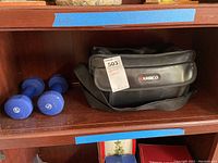 Photo showing two 5-pound blue dumbbells and Ambico camera bag on wooden shelf.