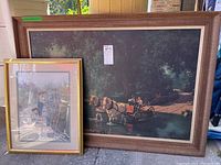 Large wood framed Paul Detlefsen print titled 'Taking the Reins' showing horse-drawn carriage scene with children, signed, slightly dusty.