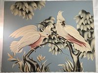Full view of the unframed airbrush print showing two cockatoos on branches with foliage on a blue background.