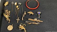 All 17 pieces including red bangle bracelet, stick pins with varying top decorations, tie clips and decorative brooches laid out on black background.