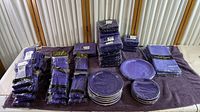 Photo of the entire collection showing stacked plates, napkins, and packages of plastic cutlery on a purple towel.