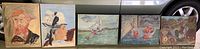 Five vintage amateur oil paintings shown in one photo, displayed side by side, including portraits, nautical, still life, and landscape scenes with visible brush strokes.
