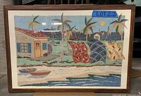 Frontal image of the large framed mixed media painting showing the entire artwork and wooden frame.