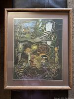 Framed fantasy foil print showing mice and moles in an imaginative underground setting with a stairway, lanterns, and various characters.