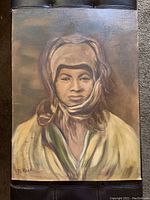 Full image of the oil painting of a peasant woman wearing a headscarf on canvas.