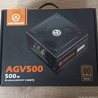 Front of Aresgame AGV500 500W Bronze power supply box showing model and branding