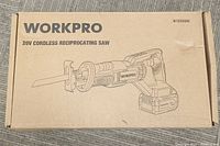 Closing shot of the Workpro 20V cordless reciprocating saw factory box showing product image and branding.
