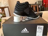 Photo showing pair of new black Adidas Pro Spark 2018 basketball shoes on the original Adidas branded box, one shoe on box, one shoe behind box.