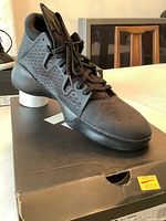Front angled view of black Adidas Pro Vision basketball shoe on Adidas box showing perforated toe and laces.