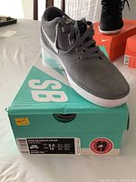 Pair of grey Nike SB Check Solar shoes shown on turquoise Nike SB box, clearly shows shoe design and brand labeling on box and tongue.