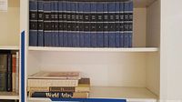 Full row of dark blue bound World Book encyclopedia volumes labeled A to X on upper shelf