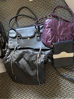 All four bags displayed on carpet showing briefcase, black purse, navy and cream clutch, and plum purse.