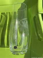 Photo of the vase from an angle showing the oval shape and the Bohemia Crystal sticker on the base.