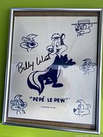 Framed black and white drawing of Pepe Le Pew with multiple expressions and Billy West signature