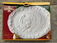 White ceramic oval turkey platter on box with grape and fruit border, embossed turkey at center.