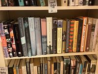 Shelf of hardcover popular books showing 22 titles from various authors, primarily fiction and non-fiction.