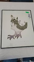 Framed Inuit limited edition print showing a profile of a man's face with long hair containing figures of a person and animals, illustration style black and white.