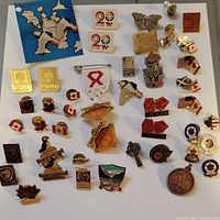 Overview photo showing a collection of over 45 assorted pins laid out on a white surface including wildlife, flags, and commemorative pins.
