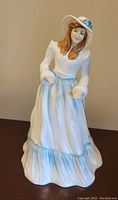 Front view of the Royal Doulton figurine Emily in blue and white dress with hat.