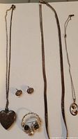 Full view of all jewelry items displayed on flat surface including heart locket necklace, two other necklaces, ring, and earrings.