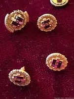 Front view of four small gold lapel pins featuring a Rotary emblem on a dark background