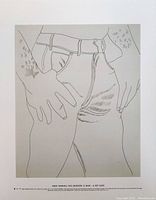 Front view of Andy Warhol Male Torso black and white line drawing print in jeans showing arms with hair, hands on hips.