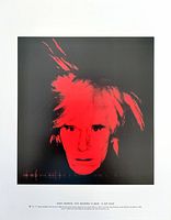 Full view of the Andy Warhol Self Portrait print showing red and black face.