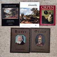 Cover photo showing six vintage art books with classical paintings on covers and titles related to famous artists and art periods.