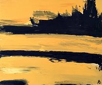 Front view of the abstract acrylic painting showing black brush strokes on yellow background with signature in lower right corner.