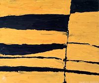 Front view of an abstract painting with black and orange-yellow horizontal and vertical stripes, hand-signed by the artist on the bottom left corner.