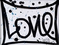 Close-up of the painting showing the black 'LOVE' text with splatters and artist signature.