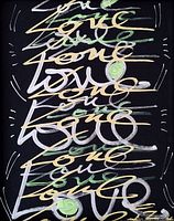 Front view of the artwork showing the layered stylized text 'LOVE' in multiple colors on a black background.