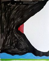 Close-up photo of the painting showing brush strokes and color details on the paper surface, including black, red, white and blue areas.