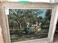 Full view of framed oil painting depicting pastoral scene with mother, children, lamb, and cottage.