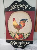 Front view of the wooden sign showing the colorful rooster and 'Morning Blessings' text.
