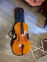 Full view of cello laid on padded gig bag showing body, fingerboard, tailpiece and endpin