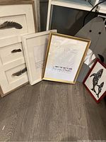 Framed feather prints and framed word art leaning against wall with hanging wood décor visible