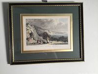 Frontal view of framed miniature etching showing coastal scene with figures and engraved text 'Whitesand Bay Cornwall'. Frame is gold and black lacquered with beaded edging and green and gold mat.