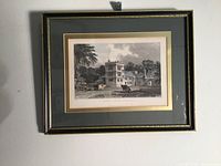 Front view of framed miniature etching of historic Voteless House Cornwall with animals in foreground and surrounding natural scenery.