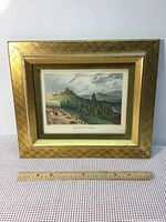 Front view of the framed lithograph showing the gold-colored frame and green velvet mat with ruler for scale.