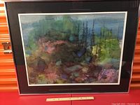 Front view of framed abstract watercolour painting in aluminum frame with double mat