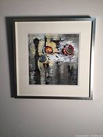Framed abstract acrylic painting signed by artist J. Jinks in silver frame with white double matting.