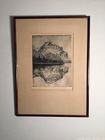 Full view of the framed dry point etching showing Mount Burgess reflected in Emerald Lake.