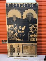 Full view of large poster showing multiple graphic images and text areas on aged paper.