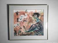 Full front view of framed watercolor painting showing a seated lady and flowers on a reddish background.