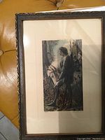 Front view of framed miniature print depicting Sir Lancelot in armor with horse in a natural background.