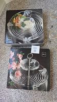 Two boxed Mikasa glass trays with Tempo design, one 2-tier server and one chip and dip tray