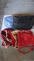 Three different sized bags for storage or carrying, laid out flat on floor, including black carry bag with blue item inside