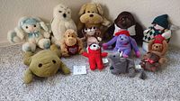 Thirteen assorted stuffed animals arranged on carpeted surface, showing variety of colors, shapes, and sizes.