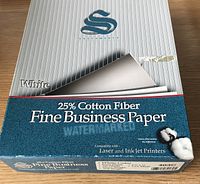 Box of Southworth Fine Business Paper with 25% cotton fiber label, watermark indicated, compatible with laser and inkjet printers, showing packaging details and condition.